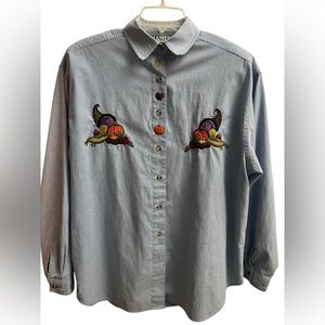 Falls Creek Blue Button Down Shirt with Fall Embroidered Accents
